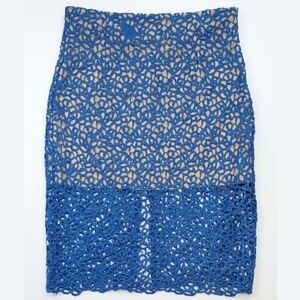 ADIVA Crochet Lace Midi Pencil Skirt Womens Size Medium High Waist Blue Nude